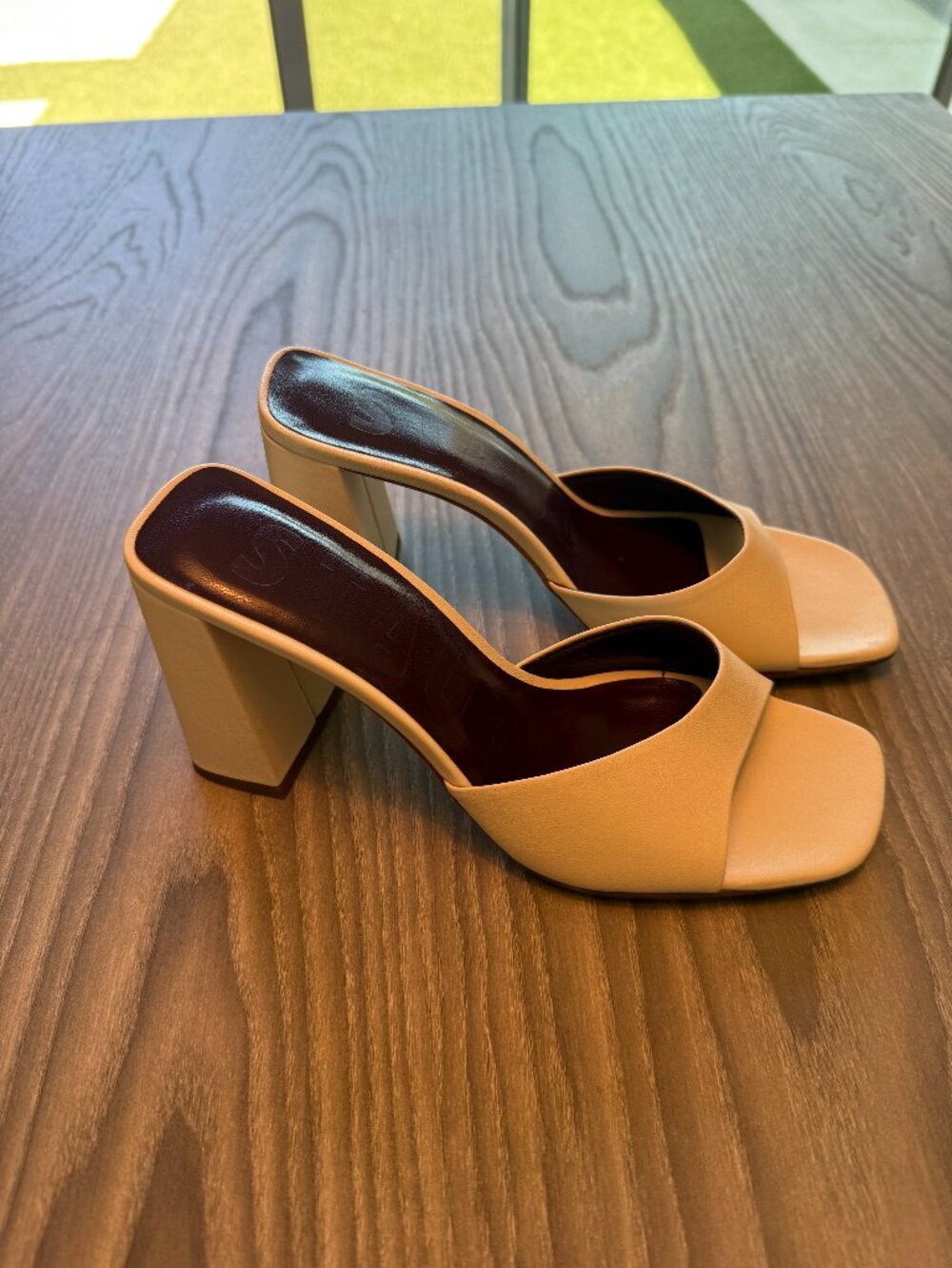 STAUD Sloane Beige Block Heel Slide Sandals